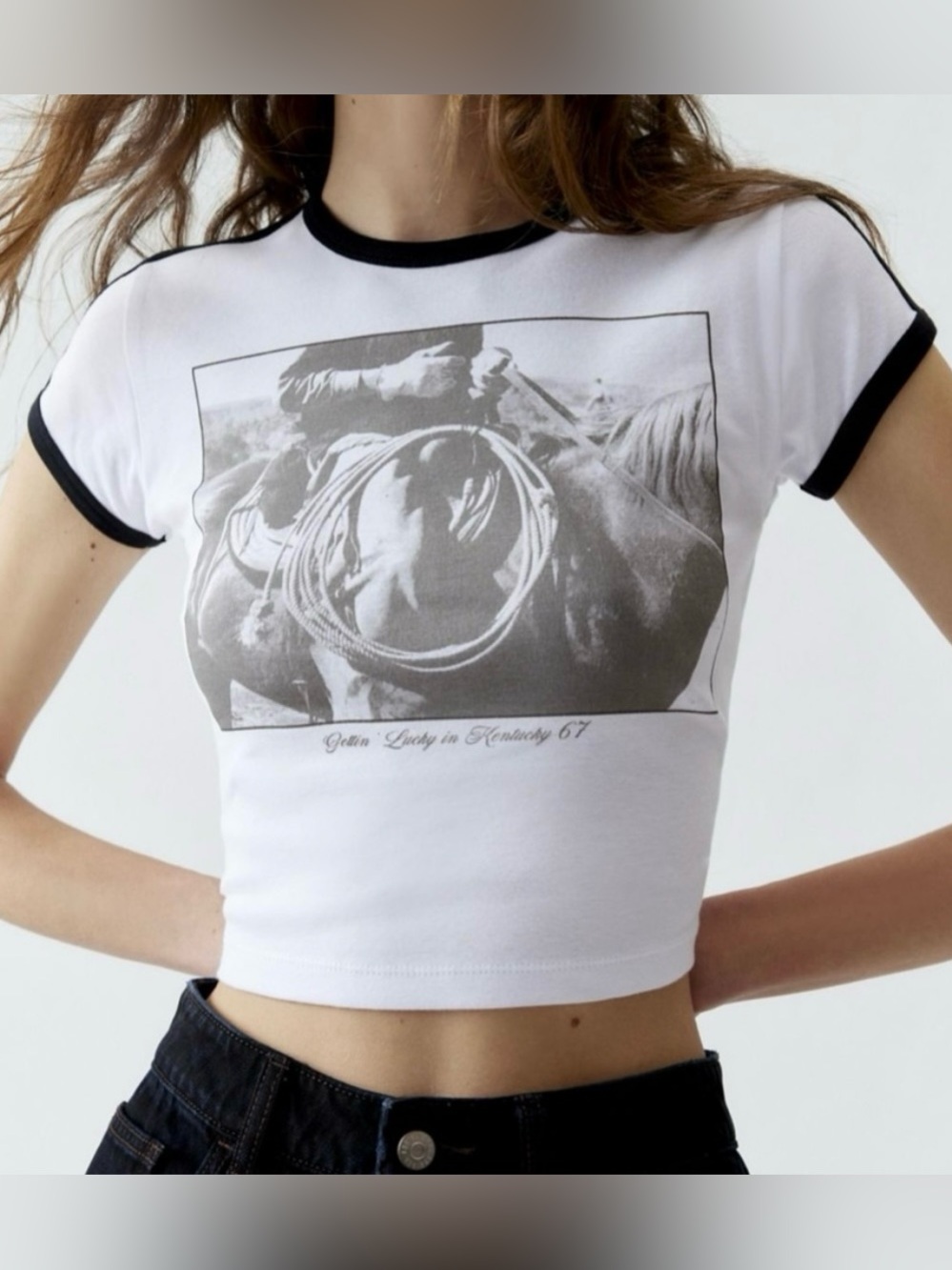UO Cowboy Photoreal Cropped Cotton Ringer Baby Tee Size Small